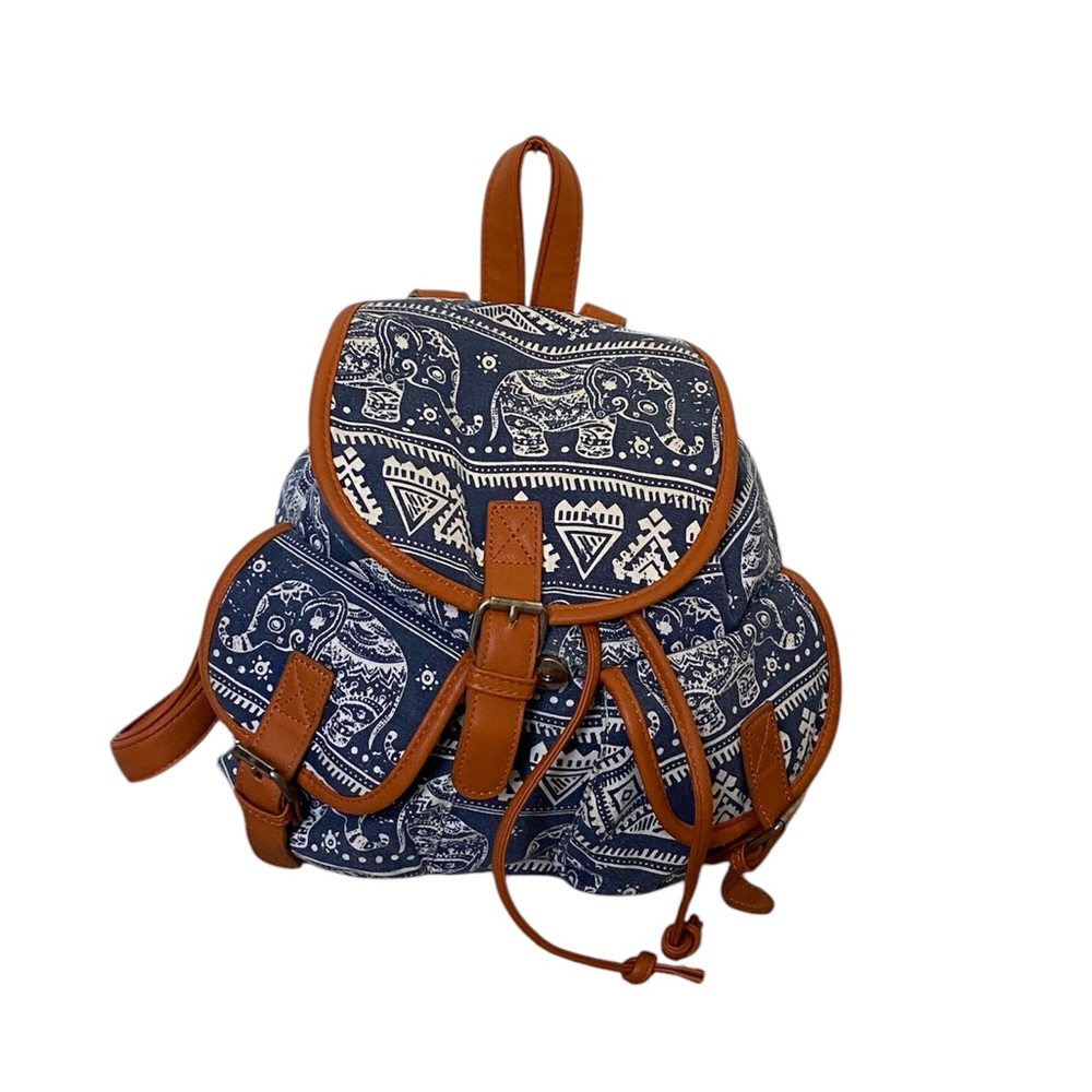 Blue and Tan Bohemian Backpack with Leather Accents